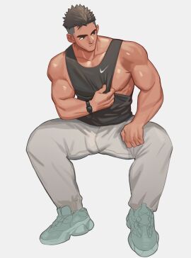 1boy bara bare_pectorals bulge gay gay_male large_pectorals male male_focus male_only muscular muscular_male original original_character pants pectorals short_hair thick_eyebrows yaoi youchi123