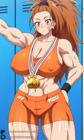 1female 1girls 2025 abs ai_generated artist_name bandaid bandaid_on_cheek bandaid_on_face big_ass big_breasts blush breasts brown_hair captain_mizuki cleavage covered_nipples curvy earrings female hand_on_hip hi_res high_ponytail high_quality high_resolution highres huge_ass huge_breasts jewelry large_breasts locker long_hair looking_at_viewer medal muscular muscular_female navel one-punch_man patreon patreon_username ponytail purple_eyes scrunchie shorts solo sports_bra sportswear sweat thighs unjobdespiert watermark