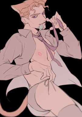 1boy ass big_ass big_butt cat_boy cat_ears cat_tail catboy condom_in_mouth diamond_is_unbreakable jojo's_bizarre_adventure male male_focus male_only nipples no_visible_genitalia partially_clothed pecs playful solo thighhighs thong tie twink twunk yoshikage_kira yu_kakari