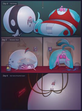 2024 angel anthro black_clothing black_shirt black_topwear blue_body blush bodily_fluids body_writing bottomwear clothed clothing colored container duo english_text eyewear fate_(ladyluckfate) feathered_wings feathers female fish glasses grey_body grey_hair grey_skin hair heart_symbol hi_res highlights_(coloring) humanoid hyper hyper_inflation jar ladyluckfate liquid_inflation looking_pleasured malleable_body marine missing_wing nude panties pattern_bottomwear pattern_clothing pattern_panties pattern_underwear pink_eyewear pink_glasses pink_hair public public_use red_bottomwear red_clothing red_highlights red_skirt red_topwear running_makeup shark shirt skirt spherical_inflation spherification striped_bottomwear striped_clothing striped_panties striped_underwear stripes sweat tally_marks text through_wall tip_jar topwear twinmill_(ladyluckfate) underwear water_inflation wings