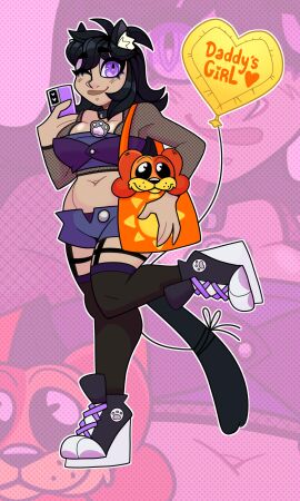 balloon bare_midriff belly belly_button black_hair black_stockings boots cat_ears cat_girl cat_tail catgirl cellphone choker collar daddy_kink dogday_(poppy_playtime) english_text fathers_day female fishnet_shirt fully_clothed high_heel_boots high_heels leg_up looking_at_viewer neko plushie poppy_playtime purple_eyes purse rat_coven selfie smiling_critters stockings text thatspookynekogirl thighhighs tummy twitch virtual_youtuber vtuber wink winking_at_viewer