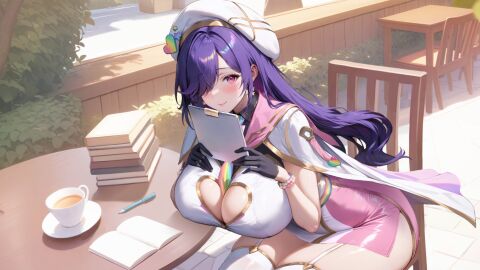 aeons_echo big_breasts blush book breasts breasts_out chair clipboard clothed clothes cup eyes_covered game_cg gloves hat leggings nutaku pink_eyes purple_hair reda_(aeons_echo) sitting table tagme thick_thighs thighs