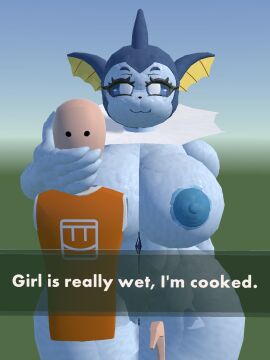 3d 3d_(artwork) adult_female adult_male anonymous_male arms_behind_back bald bald_male belly_button big_areola big_areolae blank_background bottomless_male breasts caption clothed_male clothed_male_nude_female covering_breast covering_mouth curvy curvy_female curvy_figure eeveelution female furry furry_female furry_with_non-furry hand_on_mouth high_quality human_male male massive_ass massive_breasts massive_thighs mommy mommy_kink naked naked_female nipples nude nude_female orange_t-shirt pokemon pokemon_(species) pokephilia presenting_hindquarters pussy rec_room rec_room_avatar recroom recroom-nsfw shaded shirt standing straight syntholsoul t-shirt text thick_ass thick_butt thick_thighs vagina vaporeon vr_avatar