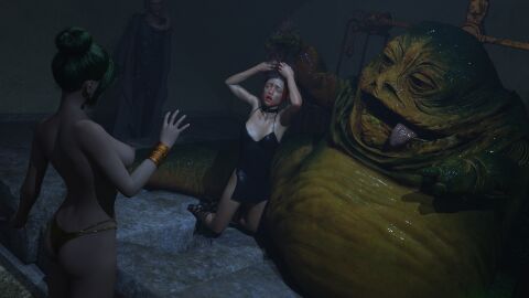 2girls 3d alexbridger ass bib_fortuna bikini_bottom breasts crying female grabbing_hair green_hair hair_bun hair_grab harem_girl harem_outfit hutt jabba's_palace jabba_the_hutt large_breasts little_black_dress medium_breasts minna_star_wars sandals slave slave_girl slave_outfit star_wars tears tongue tongue_out topless twi'lek