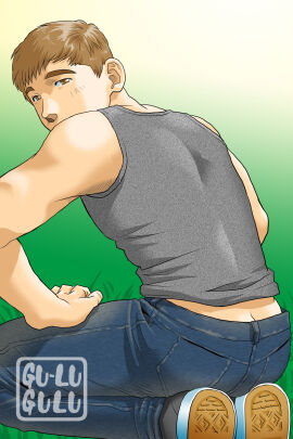 10s 1boy 2017 ass ass_crack back_view blue_pants brown_eyes brown_hair butt_crack footwear fully_clothed green_background grey_tank_top gu-lugulu jeans light_skin looking_at_viewer male male_only original pants simple_background solo tank_top