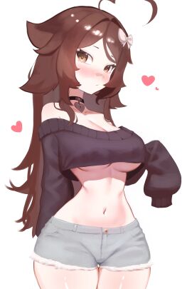 1girls belly belly_button blush breasts brown_hair cleavage clothed clothing collar crop_top cute eyebrows eyelashes eyes female female_focus female_only hair heart hips large_breasts light-skinned_female light_skin sa7ella sky_(skyaboveme) underboob virtual_youtuber wide_hips