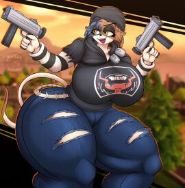 anthro ass beanie big_ass big_breasts big_butt black_beanie black_clothing black_hat black_headwear black_sweater black_topwear blue_body blue_bottomwear blue_clothing blue_fur blue_pants bottomwear breasts calico_cat clothing domestic_cat epic_games felid feline felis female fortnite fur gun hat headgear headwear hi_res huge_ass huge_breasts huge_butt huge_thighs hyper hyper_thighs mammal meow_skulls_(fortnite) multicolored_body multicolored_fur nightlyflare orange_body orange_fur pants ranged_weapon solo sweater tan_body tan_fur thick_thighs topwear torn_bottomwear torn_clothing torn_pants weapon yellow_eyes
