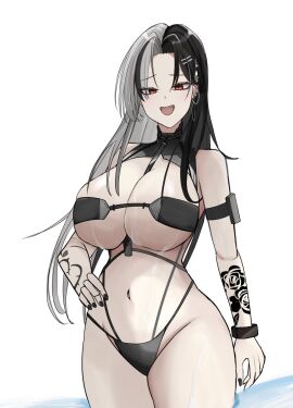 :d arm_tattoo bikini black_bikini black_hair black_nails breasts cleavage ear_piercing female female_only flower_tattoo goddess_of_victory:_nikke hand_on_own_hip huge_breasts long_hair looking_at_viewer multicolored_hair nail_polish navel open_mouth painted_nails piercing red_eyes revealing_clothes rosanna_(chic_ocean)_(nikke) rosanna_(nikke) rose_tattoo sayav44 skimpy_clothes smile solo split-color_hair stomach_tattoo swimsuit tattoo wet white_hair