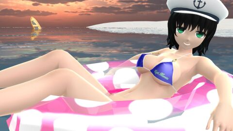 1girls 2023 3d armpit beach belly_button bikini black-haired_female blue_bikini boat breasts clavicle cleavage clouds female floatie ghost_girl green_eyes hat hati_yukkuri_mmd headwear jpeg light-skinned_female light_skin looking_at_viewer minamitsu_murasa mmd open_mouth outdoors sailor_hat sand short-haired_female side_boob sky solo_female solo_focus spirit sunset touhou water