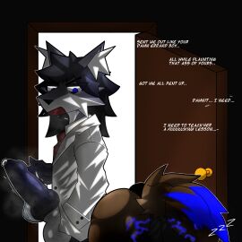 1:1 absurd_res angry ass bent_over canid canine dialogue door duo erection female fox genitals glowing hi_res insult knot knotted_penis male male/female mammal musk musk_cloud needleplay oboegollum penis sleeping suit_symbol throbbing throbbing_penis tired yui_(oboegollum)