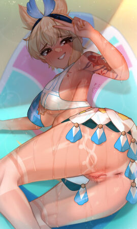 1girls ass ass_focus asshole beach big_breasts breasts clothed clothed_female female female_only genshin_impact light-skinned_female light_skin looking_at_viewer mualani_(genshin_impact)_(cosplay) peace_sign pinkius pussy pussy_juice pussy_juice_drip sweat sweating tan_lines tanned tanned_female tanned_skin tattoo tattoo_on_arm tattooed_arm tattoos thick_thighs wet_pussy yoimiya_(genshin_impact)