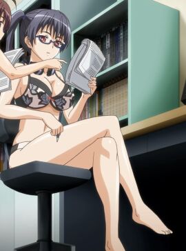 barefoot big_breasts black_hair breasts busty cleavage cropped cropped_image crossed_arms eroge!_h_mo_game_mo_kaihatsu_zanmai feet female female_only glasses green_eyes highres kosaka_iori large_breasts legs long_hair navel nipples panties reading screencap see-through sitting small_breasts stitched thighs third-party_edit twintails underwear voluptuous