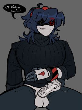 1boy claws claws_out grey_hair male male_only max_(zalundia) murder_drones penis penis_out precum precum_drip red_eyes sweater talking_to_viewer veiny_penis zalundia