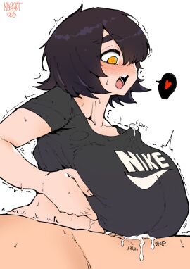 1boy 1girls astrid_(norman_maggot) blush breast_lift breasts breasts_squeezed_together clothed_paizuri commission covered_paizuri cum cum_in_clothes cum_overflow cum_through_clothes female hair_over_one_eye heart highres huge_breasts implied_orgasm light-skinned_female light-skinned_male light_skin male nike_(company) norman_maggot nose_blush one_eye_covered open_mouth orange_eyes original paizuri paizuri_under_clothes product_placement purple_hair shirt short_hair solo_focus spoken_heart straight t-shirt tank_top teeth thick_eyebrows trembling uncensored upper_teeth
