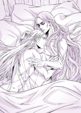 2boys ass completely_nude embrace enki_ankarian fear fear_and_hunger gay in_bed long-haired_male long_hair male male_only no_visible_genitalia nosramus nude on_bed skinny sleeping toned toned_male very_long_hair wavy_hair wholesome yaoi yoshinaga_yuki3