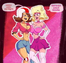 2girls ass bimbofication blonde_hair breasts clarence_buttowski disney disney_channel disney_xd english_text female full_body gearfou gearthefae gender_transformation grey_background helmet huge_ass huge_breasts jumpsuit kick_buttowski kiss_buttowski midriff multiple_females multiple_girls navel rule_63 simple_background slim_waist speech_bubble thick_thighs thin_waist transformation wide_hips yellow_gloves