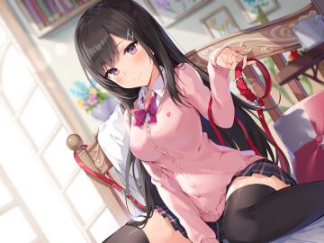 1girls absurdres ale_nqki bed bedroom between_legs black_hair black_skirt black_thighhighs blazer blurry blurry_background blush bow bowtie breasts cardigan closed_mouth collar depth_of_field dutch_angle female hair_ornament hairclip hand_between_legs highres holding_collar indoors large_breasts leash long_hair looking_at_viewer medium_breasts non-web_source on_bed original pink_blazer pink_eyes plaid_clothes plaid_skirt pleated_skirt purple_eyes school_uniform sidelocks sitting skirt sleeves_past_wrists smile solo thighhighs wariza