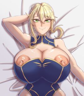 armpits artoria_pendragon artoria_pendragon_(fate) artoria_pendragon_(lancer) astralx big_nipples blonde_hair braid breasts breasts_out cleavage fate/grand_order fate_(series) female female_only gigantic_breasts green_eyes hi_res huge_breasts laying_down leotard light-skinned_female looking_at_viewer nipples puffy_areola puffy_nipples smile smiling sweat sweatdrop sweating