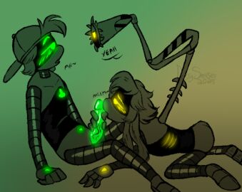 1boy 1girls absolute_solver backwards_baseball_cap cyn_(murder_drones) female glitch_productions glowing_genitalia glowing_penis green_eyes licking_penis male male/female murder_drones penis robot robot_boy robot_girl robot_humanoid sansesdusty staring_at_another tagme thad_(murder_drones) thynmints white_body worker_drone yellow_eyes