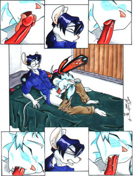 1999 anthro bed blinds blue_clothing blue_hair blue_shirt blue_topwear bodily_fluids bottomwear bottomwear_down clenched_teeth clothed clothing comic comic_panel cum cum_drip cum_in_mouth cum_inside dripping duo eyewear fellatio female furniture genital_fluids genitals glasses hair khaki_pants leaking_precum licking long_tail lying male male/female mammal mouse murid murine oral oral_penetration pants pants_down partially_clothed penetration penile penis penis_lick pillow pink_nose precum rodent sex shirt signature tail teeth tongue tongue_out topwear unknown_artist white_hair white_wall window