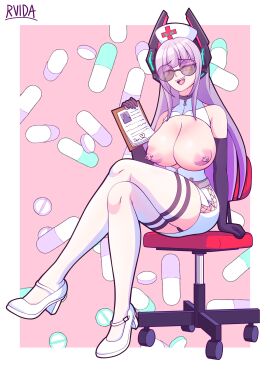 1girls areolae barbell_piercing breasts breasts_out cleavage crossed_legs female glasses gloves large_breasts nipple_piercing nipples no_bra nurse nurse_uniform panties pierced_nipples piercing piercings purple_gloves rvida sitting solo tagme thighhighs topless virtual_youtuber vshojo vtuber white_hair yellow_eyes zentreya zentreya_(cyborg)