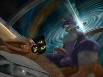 absurd_res anal anal_sex anthro balls bodily_fluids brown_body brown_fur canid canine canis cowgirl_position cum cybernetics digital_media_(artwork) dripping duo erection fox from_front_position fur genital_fluids genitals hi_res humanoid_genitalia humanoid_penis machine male male/male male_on_bottom male_on_top male_penetrated male_penetrating male_penetrating_male mammal nude on_bottom on_top open_mouth penetration penile penis precum protogen purple_body purple_fur science_fiction screen screen_face sex smile spacecraft vehicle wolf