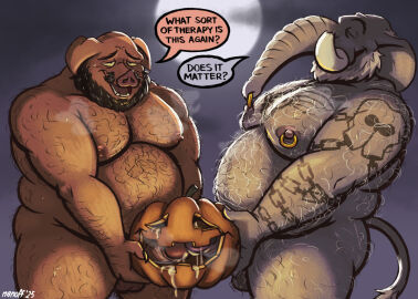 2025 anthro arm_tattoo artist_name ass balls beard belly big_ears bodily_fluids body_hair broken_tusk chain_tattoo chest_tattoo colored cum cum_in_pumpkin dated dialogue digital_media_(artwork) domestic_pig duo elephant elephantid english_description english_text facial_hair food fruit full_moon genital_fluids genitals grey_beard grey_body grey_facial_hair grey_skin hairy_balls halloween holidays horacio_(nanoff) interspecies jack-o'-lantern joe_(nanoff) looking_pleasured male male/male mammal manly mature_anthro mature_male moon musclegut muscular muscular_anthro muscular_male mutual_masturbation nanoff nipple_piercing nipple_ring nipple_ring_pull nipples nude nude_anthro nude_male outside overweight overweight_anthro overweight_male penis piercing pig pink_body pink_skin plant proboscidean proboscis_(anatomy) pumpkin pumpkin_masturbation ring_piercing shaded skull_tattoo speech_bubble suid suine sus_(pig) sweat sweatdrop tail tattoo text touching_tips trunk_(anatomy) tusks white_beard white_facial_hair