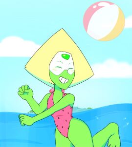 1girls accurate_art_style ass ball_(object) beach beach_background beachball big_ass big_butt big_thighs blonde_female blonde_hair blush closed_eyes clothed clothing color digital_drawing_(artwork) digital_media_(artwork) fanart feet female female_only gem_(species) gem_on_forehead green_skin grinning happy happy_female humanoid ocean ocean_background one-piece_swimsuit peridot_(steven_universe) pink_swimsuit red_swimsuit safe safe_for_work short_hair smile solo solo_focus standing steven_universe swimsuit swimwear thick_thighs visor_(eyewear) water wide_hips wide_thighs yellow_hair