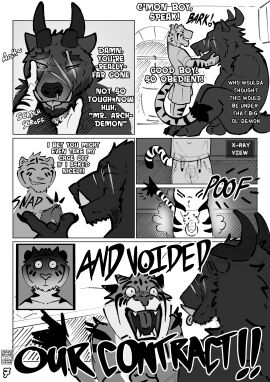 absurd_res anthro balls barking bodily_fluids bondage canid canine chastity_cage chastity_device chin_scratch closed_eyes clothed clothing comic darius_(picantetortuga) demon dialogue digital_media_(artwork) drooling duo english_text facial_scar felid genitals hi_res hypnosis juno_(picantetortuga) magic male male/male mammal mind_control monochrome muscular mythological_canine mythological_creature mythology nude open_mouth pantherine penis picantetortuga ringed_eyes saliva scar simple_background snap sound_effects spiral spiral_eyes submissive sudden_nudity tail teeth text tiger tongue tusks werecanid werecanine werecreature yelling