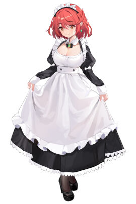 1girls apron black_dress bowtie breasts curtsey detached_collar dress earrings female high_heels large_breasts looking_at_viewer maid maid_apron maid_headdress maid_uniform nintendo pyra red_eyes red_hair short_hair user_mnee2255 xenoblade_(series) xenoblade_chronicles_2