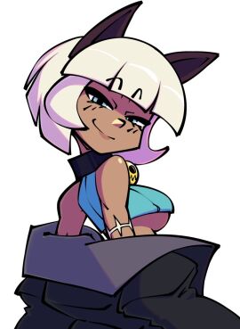 animal_ears bangs bare_shoulders bell_collar blue_eyes blunt_bangs bob_cut breasts cat_ears cat_girl catgirl choker female hair nadia_fortune skullgirls underboob white_hair