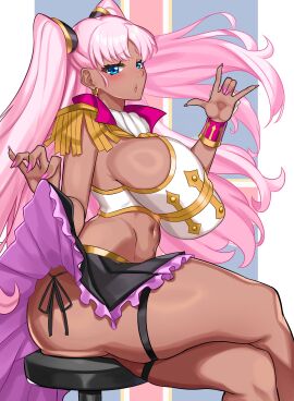 1girls absurdres blue_eyes blush breasts catherine_sabathra clothes_lift code_geass crossed_legs dark-skinned_female dark_skin earrings female gyaru highres jewelry large_breasts long_hair miniskirt mixed-tone mixed-tone_female nez-box pink_hair pink_nails sideboob sitting skirt skirt_lift thick_thighs thighs twintails