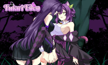 against_tree blush blush_lines bow breasts cat_bell cat_ears cat_eyes cat_girl cat_humanoid cat_tail catgirl checkered_legwear cheshire_grimace cock dickgirl dream dreaming dress dress_lift erect_penis erection erection_under_skirt female flaccid flaccid_penis forest futa_on_futa futa_only futanari futari_eden green_eyes imminent_penetration imminent_sex intersex leaf_hair_ornament lifting_leg lifting_person long_hair lostia_works lostiaworks malice_eden nail_polish nails_painted painted_nails penis purple_hair shocked shocked_expression side_boob sideboob skirt skirt_lift stockings woods xia00nahayo