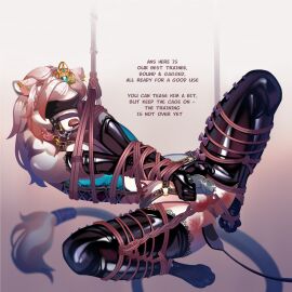 ambiguous_gender anthro arms_tied arms_together armwear ball_gag balls bent_legs blindfold bodily_fluids bondage bound bow_ribbon chastity_cage chastity_device clothing collar corset crown cum dialogue duo elbow_gloves felid femboy fur gag gagged genital_fluids genitals gloves handwear headgear hi_res latex latex_armwear latex_clothing latex_elbow_gloves latex_gloves latex_handwear latex_legwear latex_thigh_highs leaking_cum legs_tied legwear lingerie lion long_tail male mammal offscreen_character pantherine penis restrained restraints riding_crop rope rope_bondage simple_background solo solo_focus spank_marks spread_legs spreading tail tail_tuft text thigh_highs tiara topwear tuft whip white_body white_fur wootersa