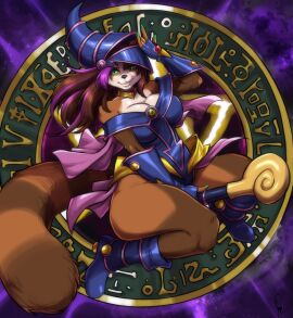 1girls bear big_breasts blizzard_entertainment breasts brown_fur brown_hair cosplay countershading dark_magician_girl_(cosplay) female female_only fur furry green_eyes hi_res kiku_(white_knight19) konami long_hair looking_at_viewer pandaren pandaren_female purple_highlights smiling smiling_at_viewer solo tail thick_thighs turtlechan ursid warcraft world_of_warcraft yu-gi-oh!