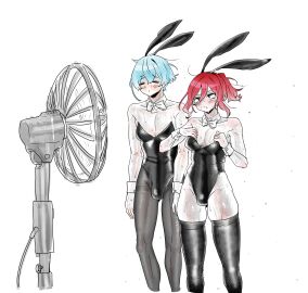 2boys blue_hair blue_lock bunny_costume bunny_ears bunnysuit electric_fan fake_animal_ears fake_rabbit_ears fan femboy femboy_only hiori_yo hyoma_chigiri leotard male male_only male_playboy_bunny maru0_bb multiple_boys multiple_males playboy_bunny red_hair strapless_leotard sweat sweating sweaty sweaty_body tagme