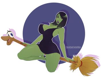 1girls 2022 banjo-kazooie big_breasts black_hair breasts broom dress female female_only game_over_gruntilda green_skin gruntilda hi_res kneeling kokobuttz long_nails looking_at_viewer purple_lipstick rareware red_eyes red_nails solo thick_thighs witch