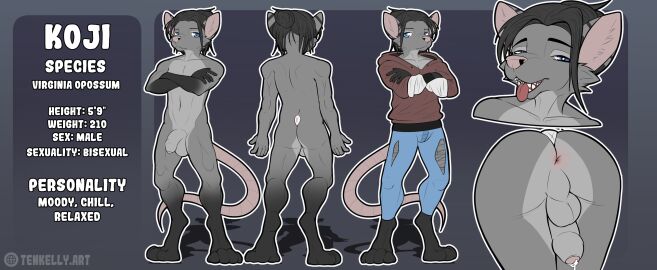 american_opossum anthro anus ass average_penis balls bottomwear clothing denim denim_bottomwear denim_clothing femboy genitals girly hi_res hoodie humanoid_genitalia humanoid_penis jeans male mammal marsupial model_sheet muscular pants penis slim smile smirk solo tenkellyart tongue topwear virginia_opossum