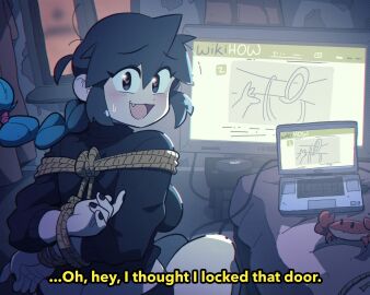 1girls arms_behind_back bare_legs bed bedroom black_hair black_nail_polish black_panties blue_hair bondage bound bound_arms braided_hair computer computer_monitor crab english_dialogue english_text female heart-shaped_pupils laptop lucia_(scott_malin) nail_polish oerba_yun_fang original rope rope_bondage scott_malin self_bondage subtitled symbol-shaped_pupils two-tone_hair wikihow