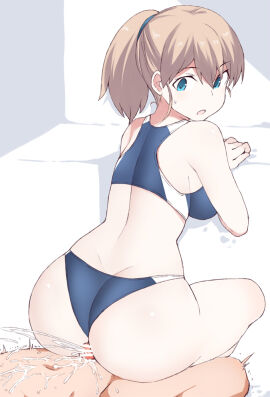 1boy 2d blue_eyes breasts buruma buttjob clothed_female_nude_male cum cum_on_ass cum_on_body ejaculation female intrepid_(kantai_collection) kantai_collection large_breasts looking_back male nude off_shoulder ponytail shigino_sohuzi solo_focus sports_bikini sweat tagme track_uniform wide_hips