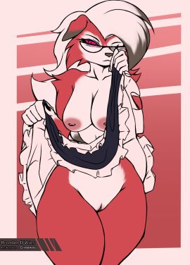 anthro anthro_only areola biped bottomwear breasts brennan_d_vries canid canine canis claws clothed clothing clothing_lift digital_media_(artwork) dress eyewear female female_anthro fur generation_7_pokemon genitals glasses hi_res humanoid_genitalia humanoid_pussy looking_at_viewer lycanroc maid_apron maid_headdress maid_uniform mammal medium_breasts midnight_lycanroc narrowed_eyes nintendo nipples one_eye_closed pink_areola pink_nipples pokemon pokemon_(species) pussy red_body red_fur seductive signature simple_background skirt skirt_lift solo thick_thighs uniform white_body white_fur wolf
