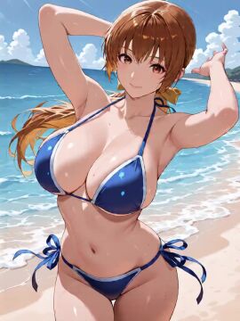 1girls ai_generated armpits big_breasts bikini breasts brown_hair dead_or_alive female female_focus female_only highleg highleg_bikini huge_breasts kasumi_(doa) large_breasts navel outdoors solo solo_female solo_focus tagme video water wet