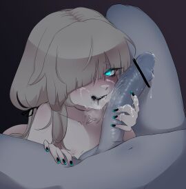 1boy 1girls black_nails black_tongue blonde_hair blowjob_gesture blue_eyes breasts cum cum_drip cum_in_mouth cum_string cumshot_on_face cyan_eyes cyan_nails dick drool drool_string drooling female female_human handjob huge_cock kneeling kneeling_oral_position male nails penis petite petite_female pov pov_blowjob pov_eye_contact small_breasts smaller_female twintails unusual_skin_color virtual_youtuber vlvl_vt vtuber