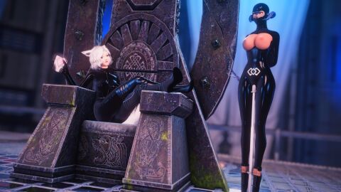 2girls angry ankle_cuffs armbinder arms_behind_back arms_tied_behind_back au_ra ballet_boots big_breasts bondage bondage_hood bound boxbinder breast_cutout breastless_clothes breasts breasts_out captured dildo dildo_in_pussy dominatrix exposed_breasts female female_only femsub final_fantasy final_fantasy_xiv gag gimp_mask gimp_suit gwen_hood high_heels horn horned_female horned_humanoid horns immobile immobilized jinxy kisa_kha latex latex_hood latex_suit living_trophy miqo'te multiple_females multiple_girls nipples on_display one_bar_prison posture_collar pussy shiny_clothes sitting slave throne tight_clothing trophy vaginal_insertion vaginal_object_insertion vaginal_penetration xaela