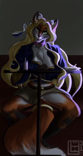 absurd_res big_breasts blonde_hair breasts canid canine clothed clothing ear_piercing ear_ring female feral fox genitals hair hi_res looking_at_viewer lynn_(wenqu0304) mammal navel navel_piercing nipple_piercing nipples piercing pussy ring_piercing smile solo tail vulva wenqu0304