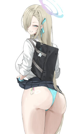 1girls absurdres ass asuna_(blue_archive) asuna_(school_uniform)_(blue_archive) bag big_ass black_bag black_skirt blonde blonde-haired_female blonde_female blonde_hair blue-eyed_female blue_archive blue_eyes blue_halo blue_panties blue_ribbon blue_scrunchie blush bow breasts clothed clothed_female condom condom_balloon eyes_visible_through_hair female from_behind from_side green_condom grin hair hair_over_one_eye hair_ribbon halo highres holding holding_bag large_breasts long-haired_female long_hair looking_at_viewer looking_back miz_blank official_alternate_costume open_mouth panties pleated_skirt purple_condom ribbon school_bag school_uniform scrunchie shirt skirt skirt_lift skirt_lifted_by_self skirt_up smile sole_female solo teeth thick_ass thick_thighs underwear used_condom used_condoms very_long_hair white_shirt wrist_scrunchie