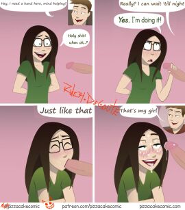 1boy 1girls accurate_art_style brown_hair clothed clothed_female comic cum cum_in_mouth cum_on_face degoute_(artist) ellen_(pizzacakecomics) erect fellatio female glasses green_eyes handjob horny horny_female jeff_(pizzacakecomics) male oral_sex parody penis pizzacakecomics webcomic