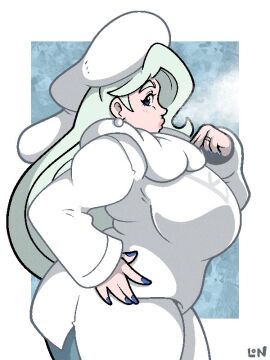 artist_logo bbw blonde_hair blue_eyes breasts chubby creatures_(company) dynamax_band earrings female fur_collar fur_hat game_freak hat jewelry large_breasts legendofnerd long_hair long_sleeves looking_to_the_side mature_female melony_(pokemon) multicolored_hair nintendo older_female pantyhose pantyhose_under_shorts pearl_earrings pokemon pokemon_ss scarf shorts side_slit side_slit_shorts solo streaked_hair sweater ushanka white_hat white_scarf white_shorts white_sweater