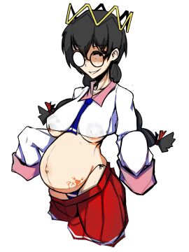 1girls 2024 barely_clothed belly big_belly black_hair body_writing breasts clothed clothing crown evil_grin fairy_queen female freckles glasses kirby_(series) light-skinned_female light_skin long_sleeves looking_at_viewer milk_stain nintendo panties petite petite_body pregnancy_tally pregnant queen_ripple ranchsaucy smile smirk solo standing twin_braids underboob underwear wide_hips