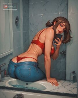 1girls ai ai_art aisinful ass big_ass big_breasts big_butt bra breasts brown_hair daddy female female_only hi_res huge_breasts jeans large_breasts lingerie may_(pokemon) pokegirl pokemon selfie solo thick_thighs thighs thong wide_hips